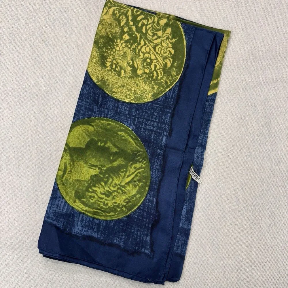 Vintage Louis Feraud Paris Silk Scarf Blue Gold Roman Coin Print 31” Square